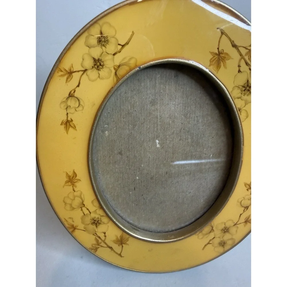 Vintage Yellow Enamel Oval Floral Picture Frame Brass Metal Tabletop Photo Decor